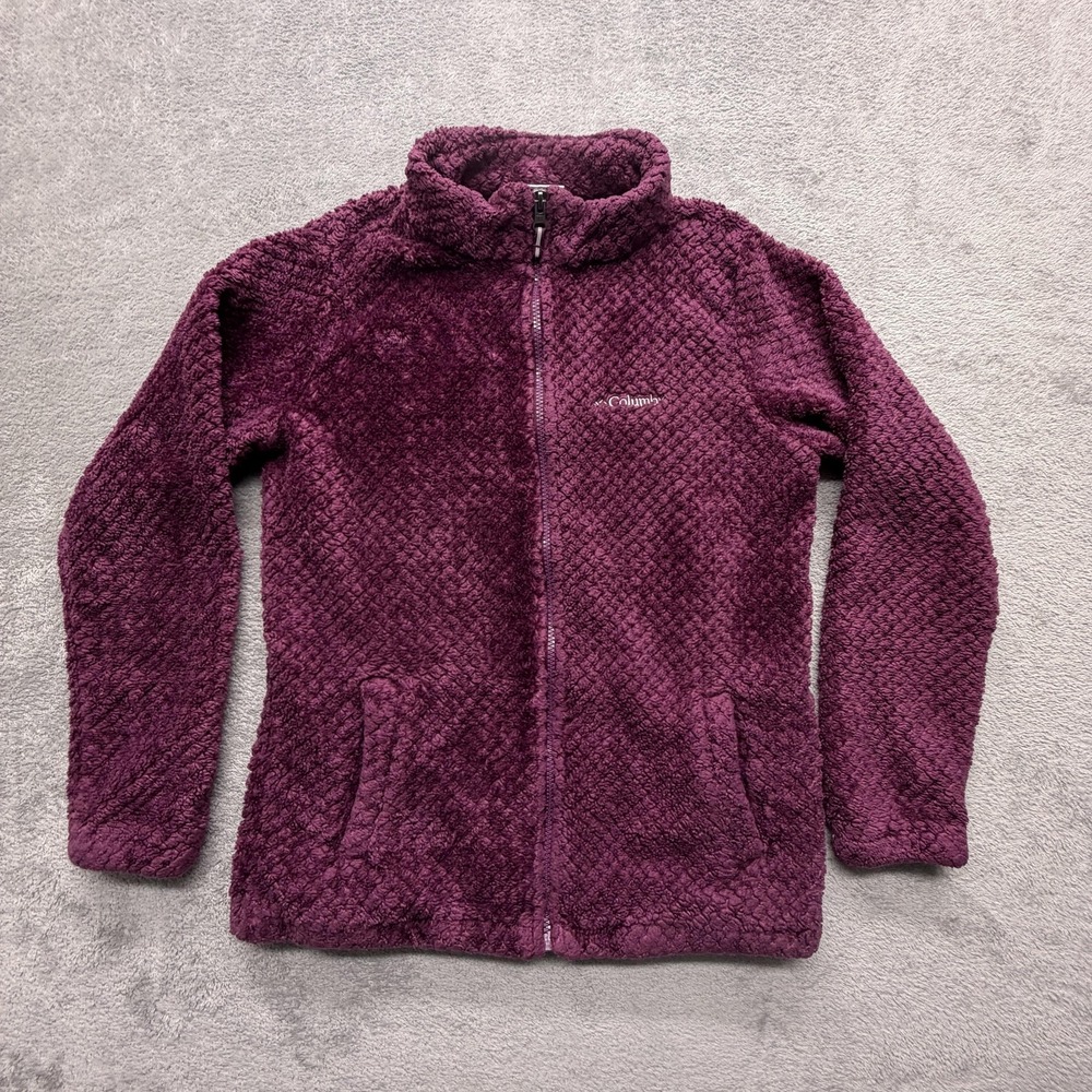 Columbia Fleece Jacket Youth XL Purple Textured Full Zip Cozy Pockets Warm
